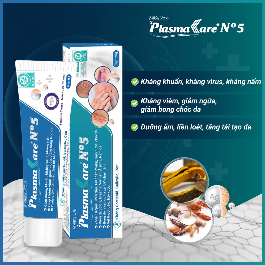 Combo 2 Gel PlasmaKare No5 cho Thuỷ đậu, Sởi, Tay chân miệng, Zona, Herpes, nấm da xẹp mụn, ngứa, dịu da, Ko thâm sẹo