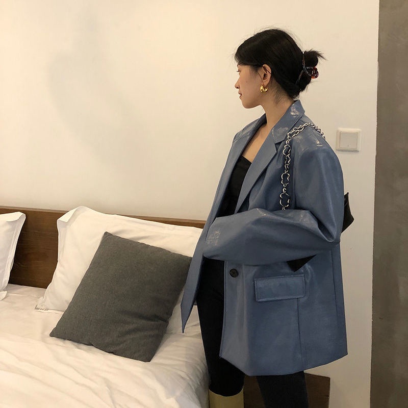 Women's suit coat 2020 autumn and winter New Korean style haze blue crocodile pattern casual handsome leather coat three-color loose fashionable suit coat western outer