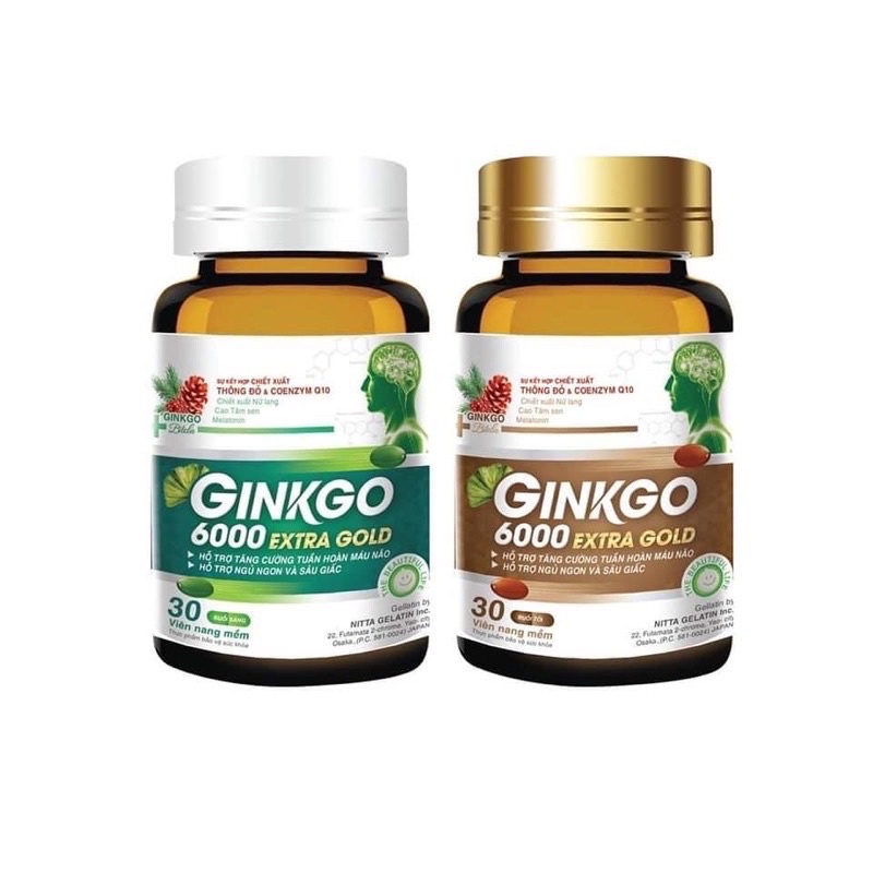 Viên uống Ginko 6000 - bổ não Ginkgo 6000 Extra Gold hỗ trợ tăng cường máu lưu thông giúp giảm đau đầu  lọ 60 viên TM