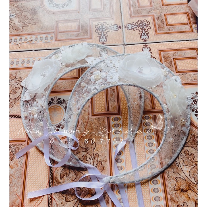 Mấn ren đội đầu cô dâu đính hoa nổi sang trọng_Nhã Phương Bridal