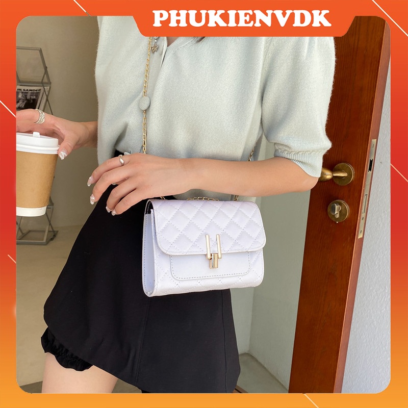 Túi xách nữ xếp li túi đeo chéo họa tiết caro khóa chữ Y