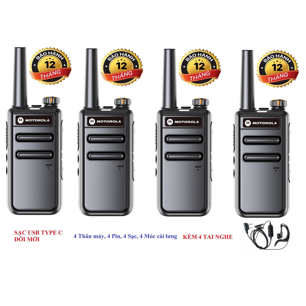 Bộ 4 Bộ đàm Motorola GP568 (Loa to&amp; chống từ tính, Pin sử dụng trên 15 tiếng,cự ly liên lạc xa, Sạc USB Type C)