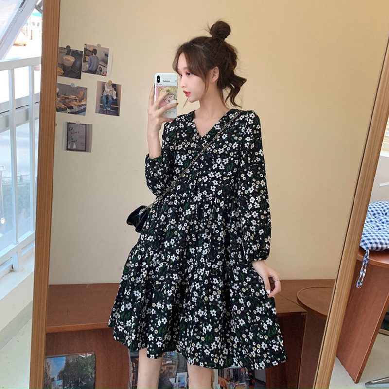 Đầm Tay Dài Hoạ Tiết Hoa Nhỏ Thời Trang Cho Nữ