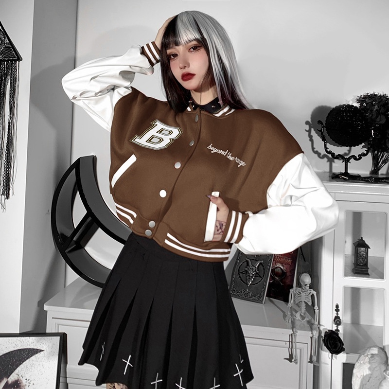 Áo khoác phong cách bóng chày bằng da pu thêu chữ thời trang nữ tính