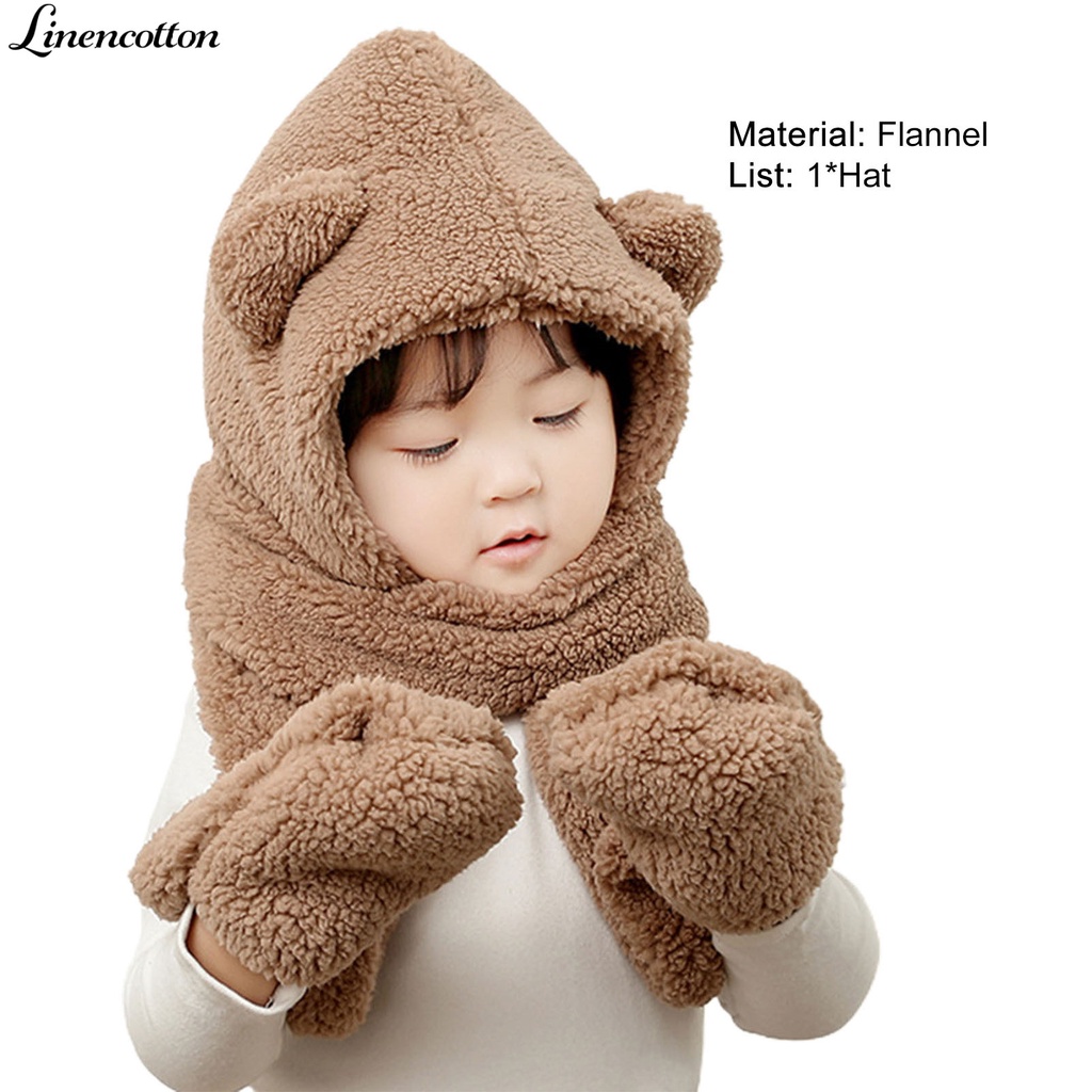 Nón kiêm khăn choàng cổ và găng tay bằng cotton lanh chống lạnh hình gấu dễ thương cho bé