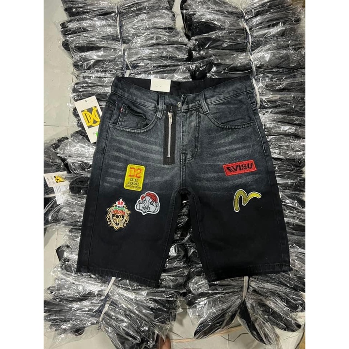 quần short jean nam ĐEN XÁM khóa kéo lệch thêu logo EVS đẹp hot nhất năm,vải jean dày mềm kiểu dáng trẻ trung giá rẻ