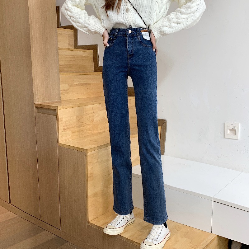 Quần Jeans Lưng Cao Ống Đứng Màu Xanh Dương Phong Cách Hàn Quốc Thời Trang Mùa Thu Cho Nữ 2021