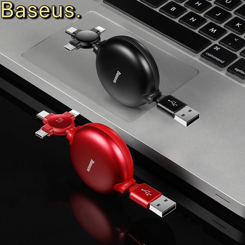 Dây cáp sạc dây rút Baseus Little Octopus LV389 tích hợp 3 đầu Type C/Micro USB/(3A ,1M)