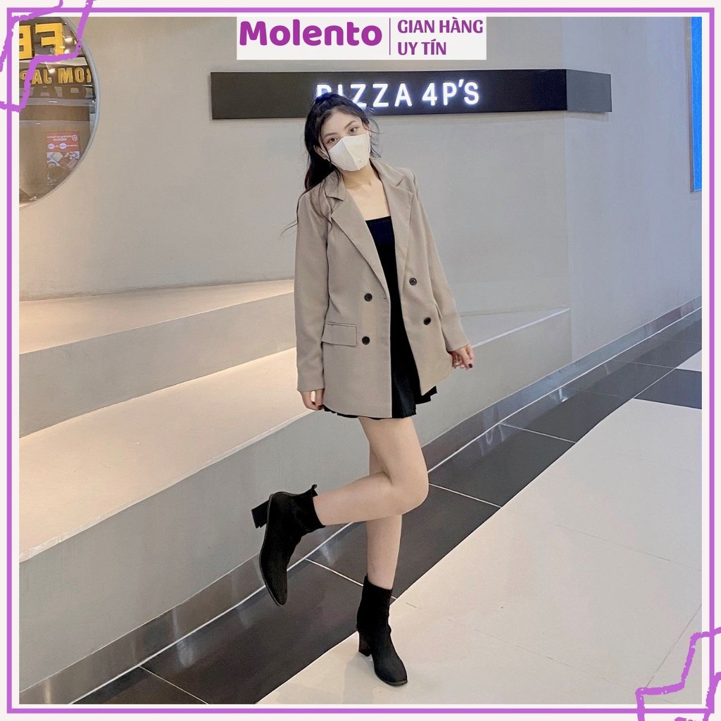 Áo Blazer Nữ Áo Vest Khoác Ngoài 2 Lớp Dài Tay Túi Nắp Dáng Rộng Phong Cách Hàn Quốc Màu Nâu Tây Be Đen Xanh Molento M77