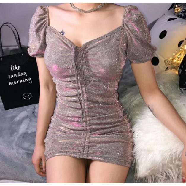 ✨ Váy đầm body dự tiệc trễ vai dây rút kim tuyến lấp lánh bling bling sequin  ྇ ྇