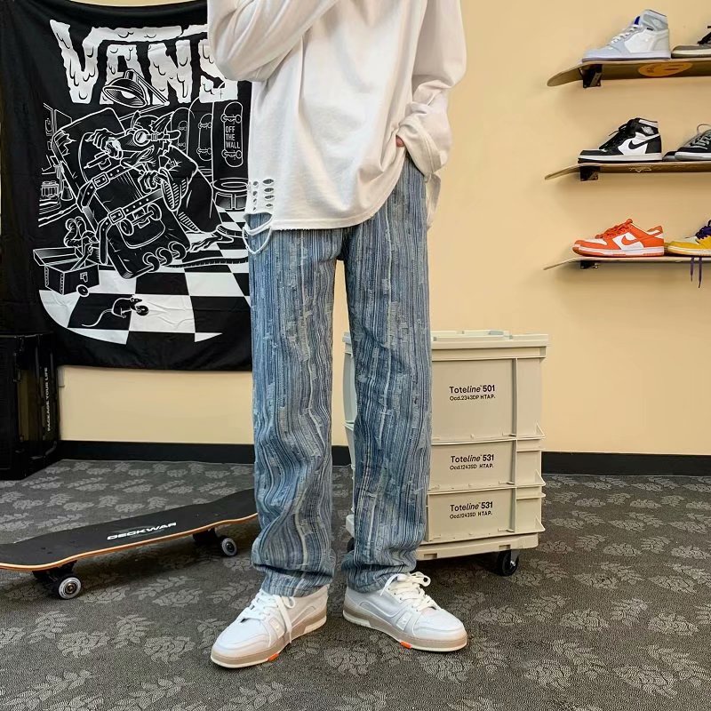 Quần jean nam dáng dài ống suông rộng họa tiết kẻ sọc phong cách retro thường ngày