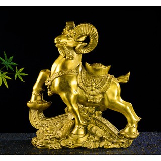 Tượng linh vật Tam Dương khai thái dê cưỡi gậy như ý bằng đồng thau phong thủy Hồng Thắng