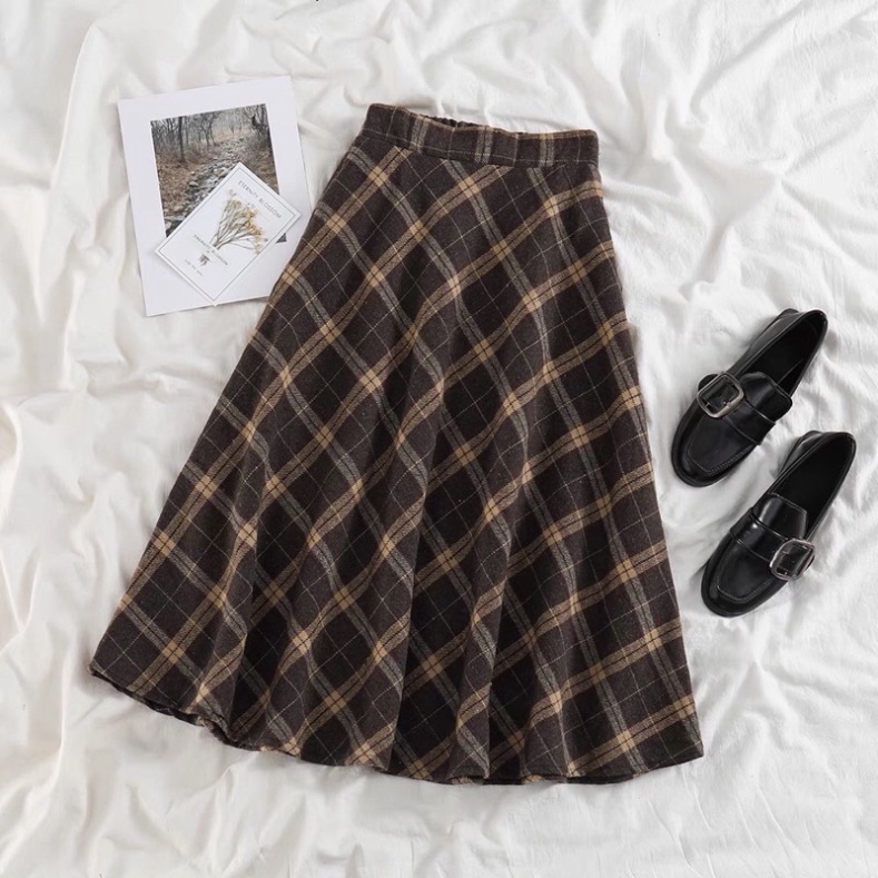 Chân váy dạ kẻ dáng dài vintage. Chân váy dài xoè ulzzang style - Hàng mới về