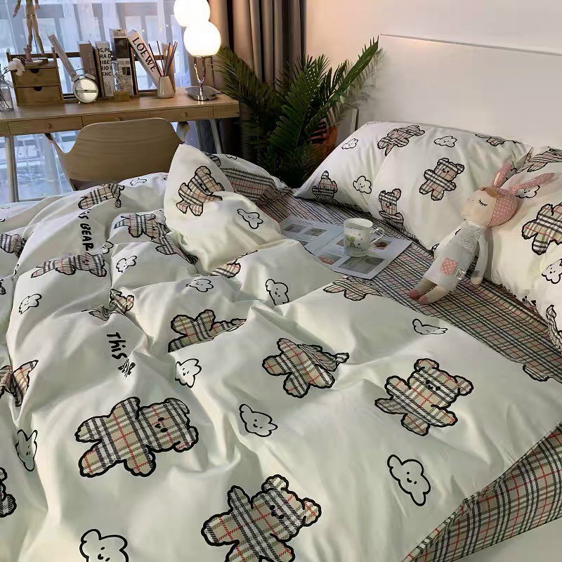 Bộ chăn ga Cotton poly M2T bedding chăn ga Hàn Quốc gấu tráng bbr đủ size miễn phí bo chun