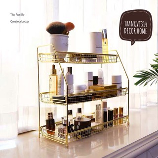 Kệ đựng đồ trang trí 3 tầng màu vàng gold