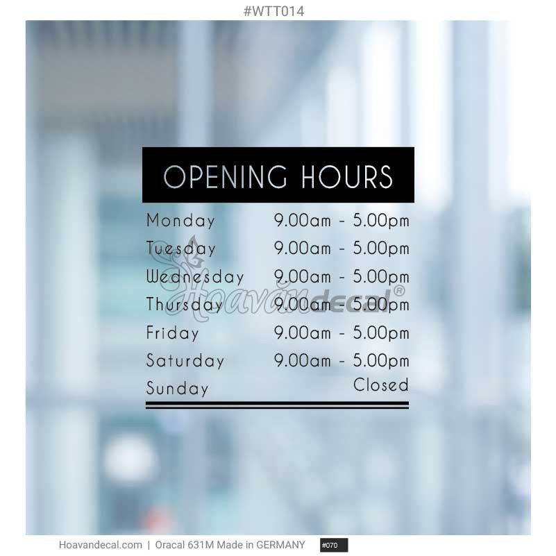 Decal giờ mở cửa Store hours sign dán kính
