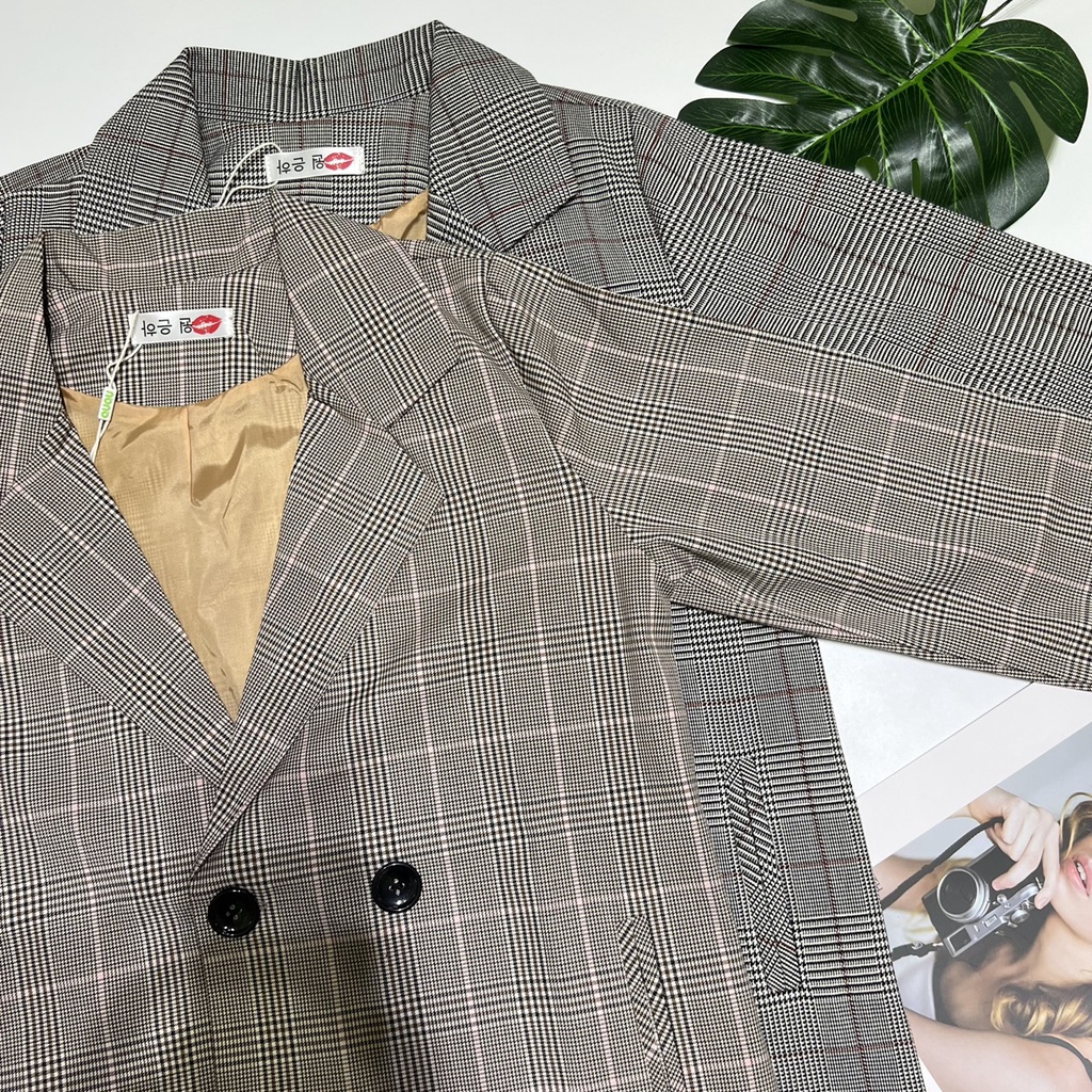 ÁO BLAZER NỮ 2 LỚP KẺ CARO MÀU NÂU THỜI TRANG PHONG CÁCH HÀN QUỐC MỚI NHẤT2022