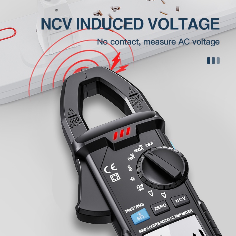 Đồng hồ vạn năng kẹp AC DC đo nhiệt chống cháy bật tắt thông minh đếm 6000 NCV Ohmmeter không tiếp xúc