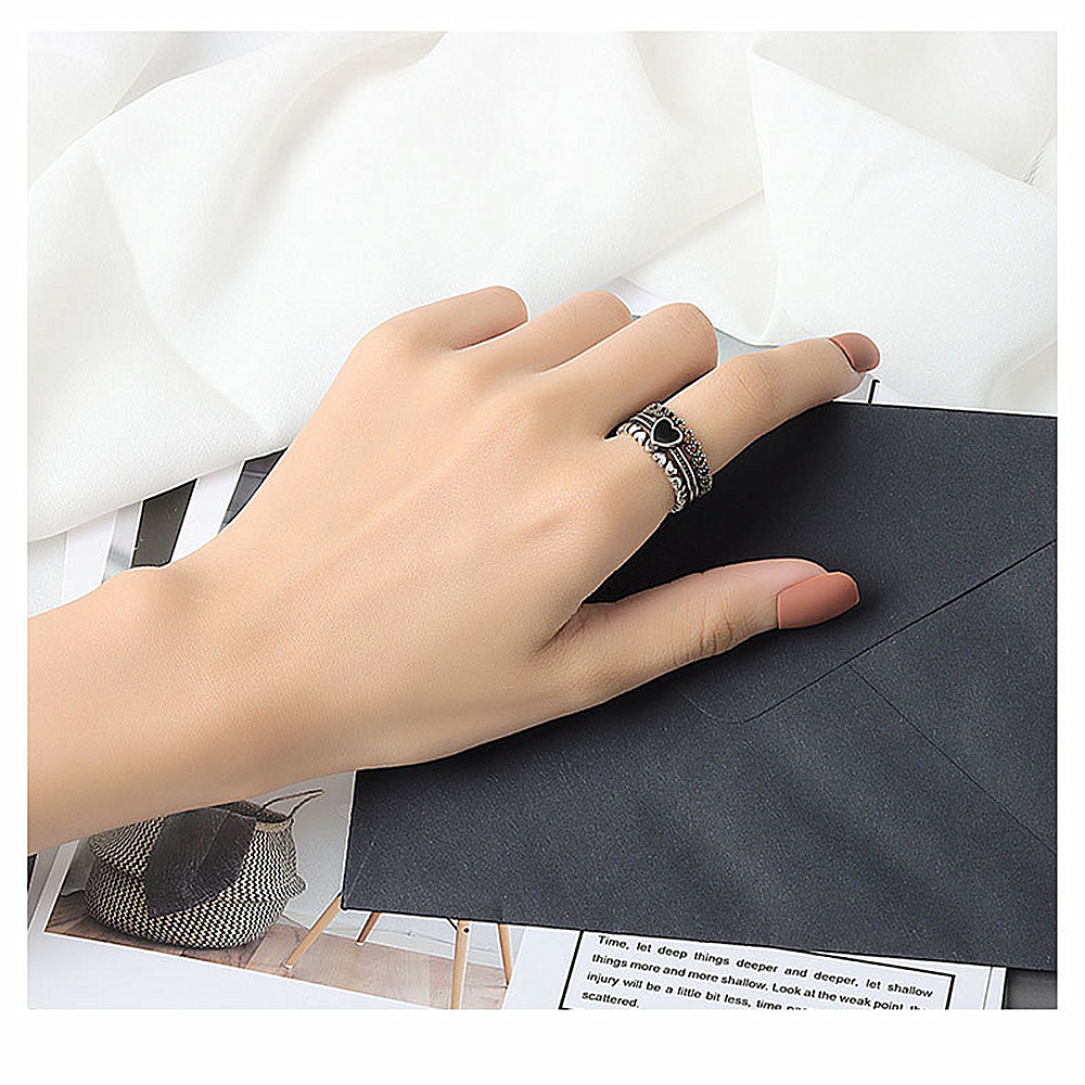 🌱FOREVER🌱 Open Ring For Women Jewelry Heart Vintage Ins Simple Style|Personality Adjustable Black