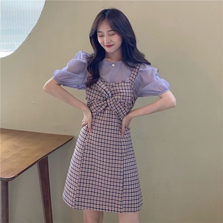 Đầm hai dây họa tiết sọc caro xinh xắn thời trang