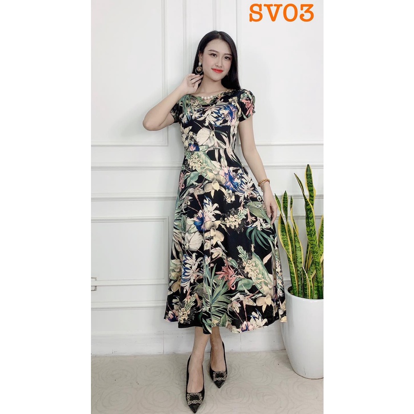 Đầm trung niên, váy trung niên cho mẹ thiết kế dáng dài cộc tay họa tiết hoa SV - DRESS LUXURY