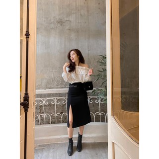 Chân váy đen xẻ đùi cạp cao kéo khoá chất tuyết mưa (Ảnh thật)