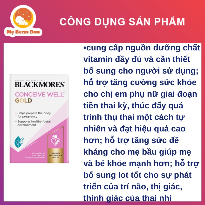 Viên uống tăng khả năng thụ thai cho nữ Blackmores Conceive Well Gold của úc hỗ trợ nội tiết tố - mẹ bean bon