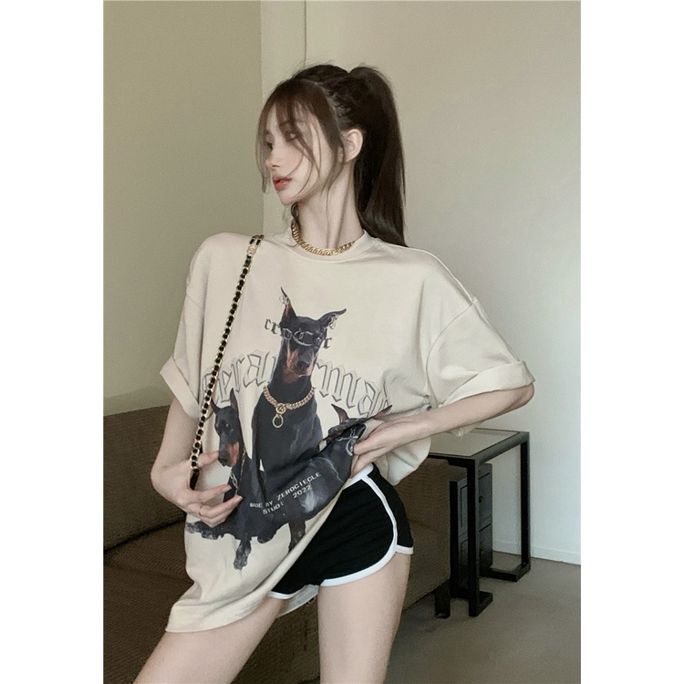 Áo Thun Cotton Ngắn Tay Dáng Rộng In Họa Tiết Retro Thời Trang Mùa Hè Cho Nữ