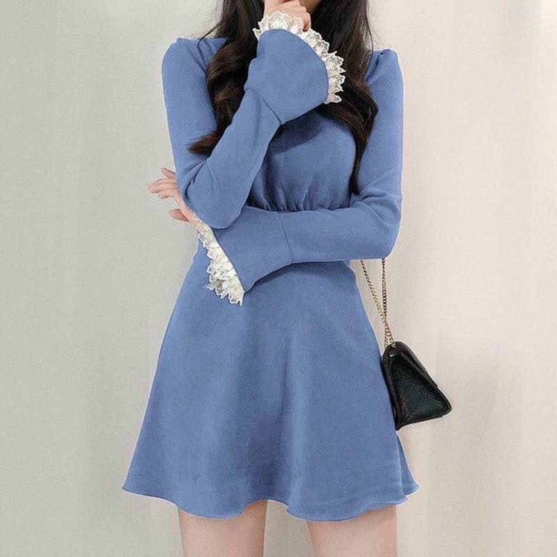 Đầm thời trang nữ mặc đi chơi, đầm chất umi dày tay dài cổ ren phối tay ren váy xoè có 2 màu xanh và đỏ