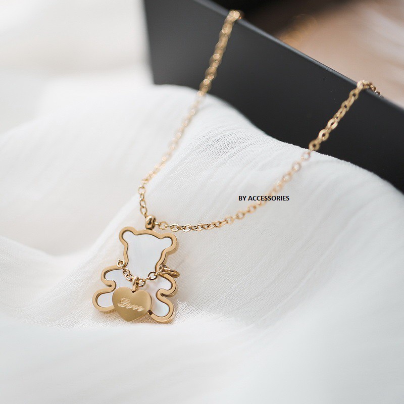 Dây chuyền titan gấu trái tim cẩm xà cừ không gỉ WN190902