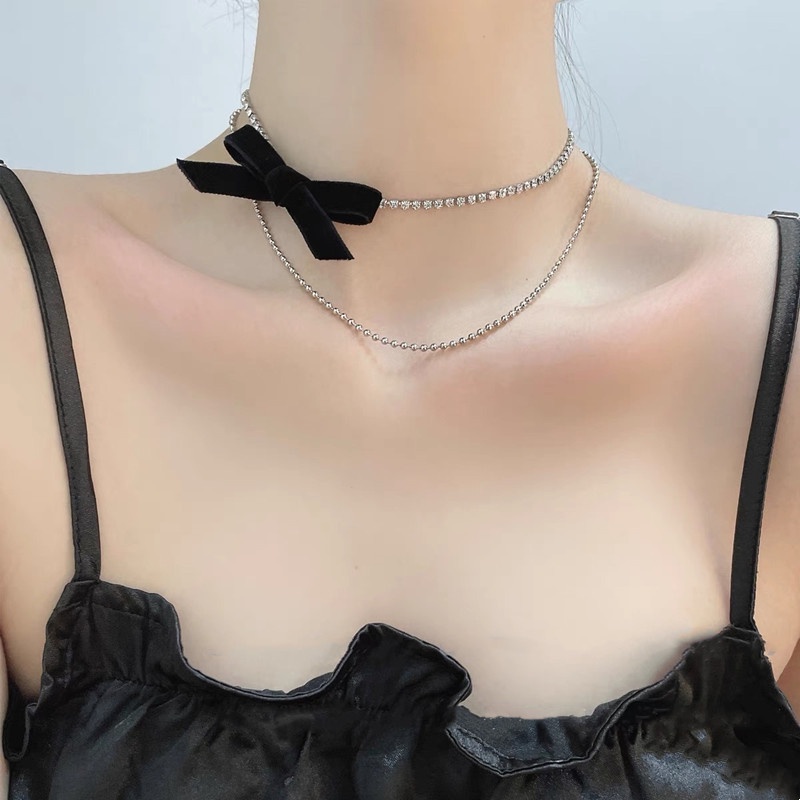 Vòng Cổ Choker Nhung Hai Lớp Thắt Nơ Đính Kim Cương Sáng Bóng Quyến Rũ Thời Trang