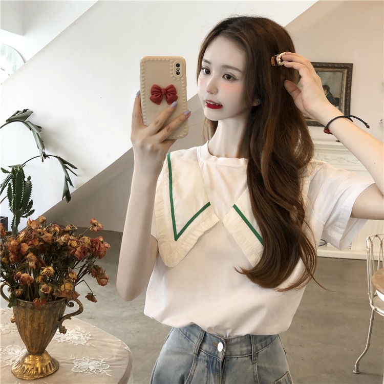 Áo thun tay ngắn cổ búp bê phong cách Hàn Quốc