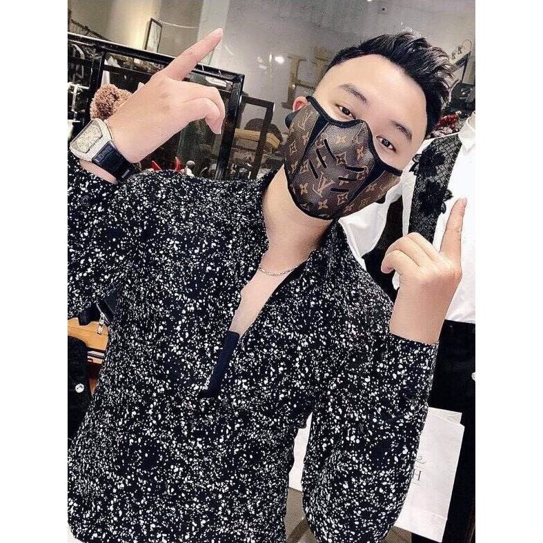 Áo sơ mi nam họa tiết chấm trắng vải lụa Hàn cao cấp mềm mịn thoáng mát co dãn nhẹ