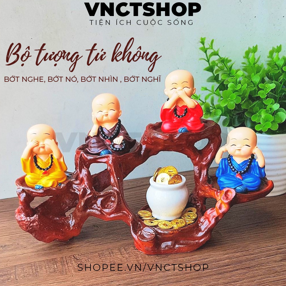 Bộ 4 tượng chú tiểu tứ không an nhiên mini, bốn hòa thượng để bàn trên ô tô đẹp bằng gốm sứ