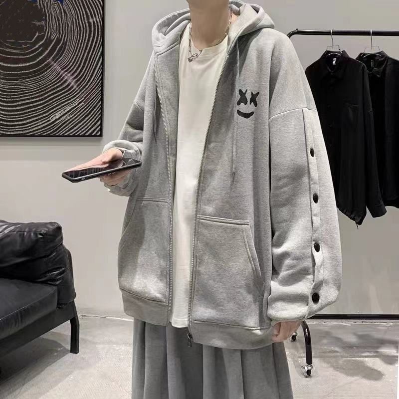 Áo khoác hoodie tay dài dáng rộng in hình mặt cười phong cách Hong Kong thời trang xuân thu cho nam