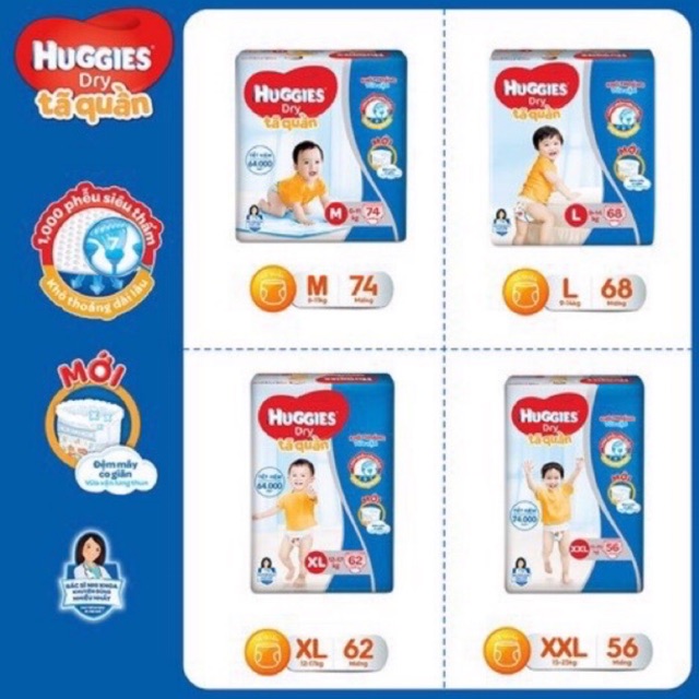 Date mới Bỉm Huggies tã quần size M 74, L 68, XL 62, XXL 56 miếng