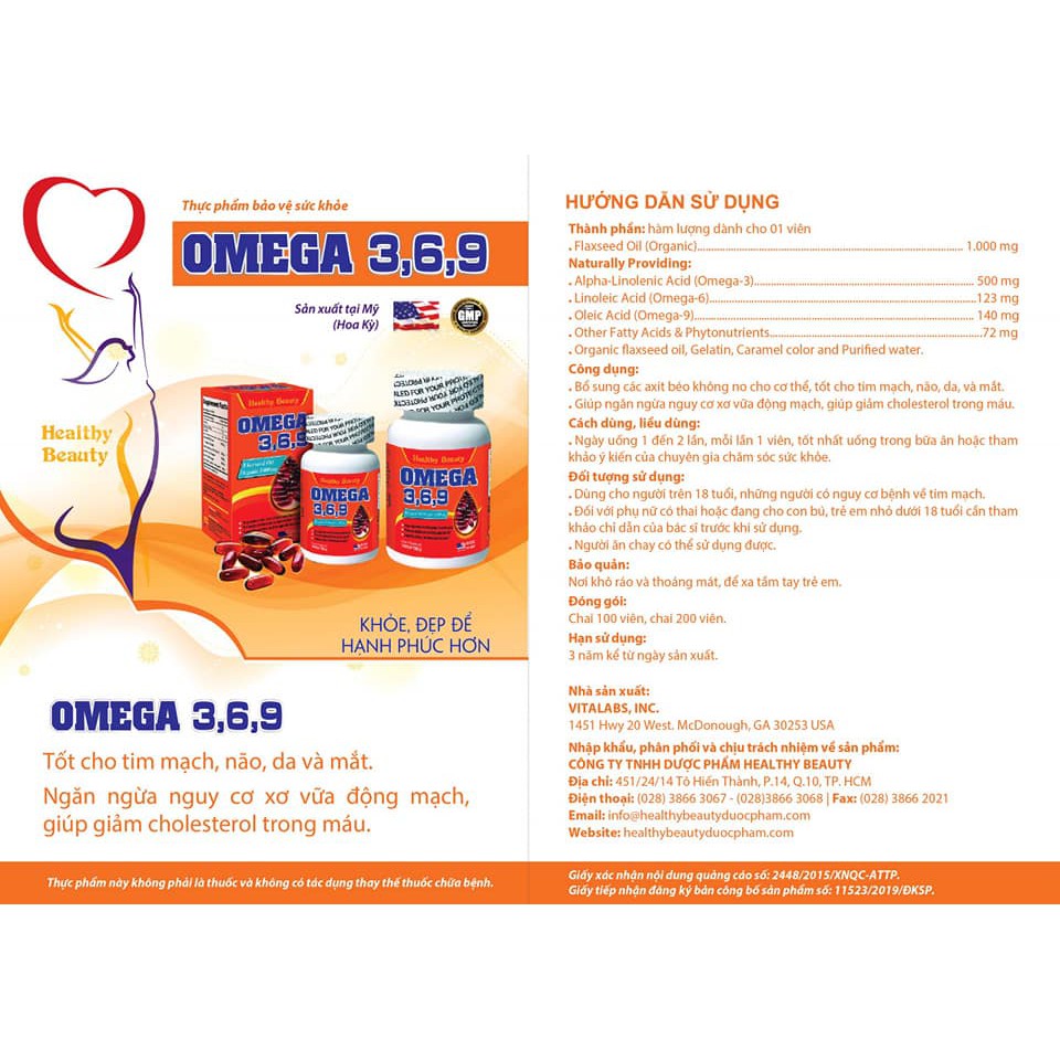 Healthy Beauty OMEGA 3,6,9 hộp 100 viên giúp bổ sung các axit béo không no cho cơ thể, tốt cho tim mạch, não, mắt, da