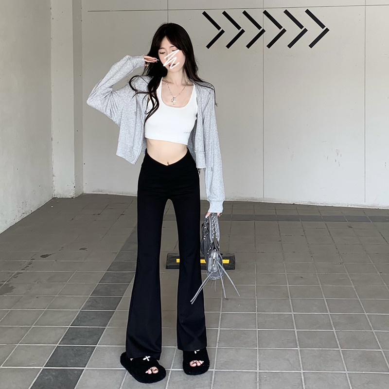 Quần Dài Ống Loe Lưng Cao Thiết Kế Dáng Chữ V Thanh Lịch