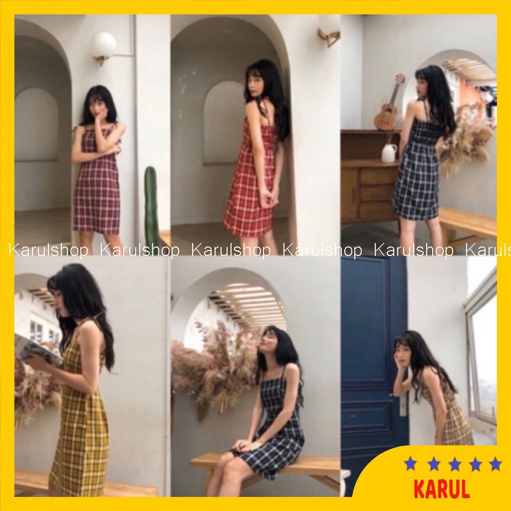 VÁY KẺ CARO 2 DÂY , váy 2 dây thắt eo hình shop chụp thật