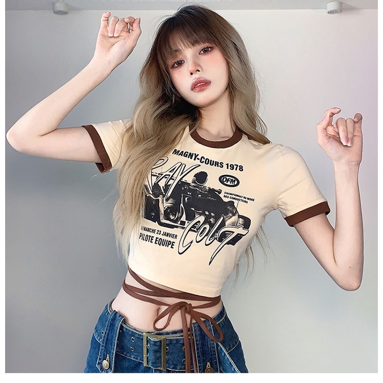 Áo croptop MMIOT tay ngắn cổ tròn thoáng khí in họa tiết thời trang cổ điển đường phố Mỹ đơn giản cho nữ