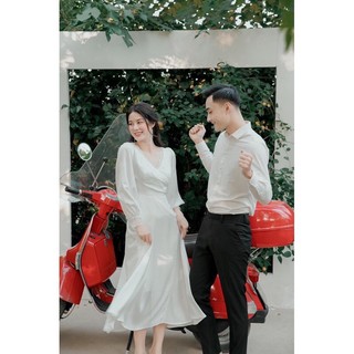 ĐẦM MAXI TRẮNG VIỀN REN CỔ ĐẮP CHÉO KẾT HẠT