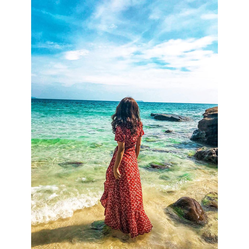 Váy cam đất hoa nhí trắng dây xỏ thắt eo