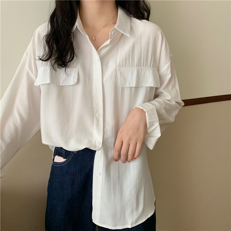 Áo Sơ Mi Nữ Dài Tay Cổ Bẻ Form Rộng Màu Trơn Thời Trang Hàn