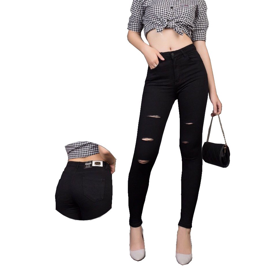 Quần jean đen lưng cao, rách 5 đường dành cho BIG SIZE