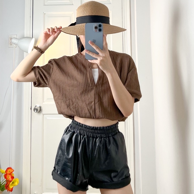 Áo croptop nữ ngắn tay phối hai lớp 3 màu
