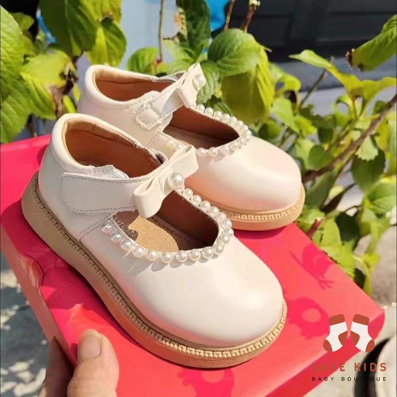 Giày búp bê bé gái, Giày da cho bé gái phong cách Hàn Quốc chất da PU mềm mại phối ngọc xinh xắn có quai dán C30
