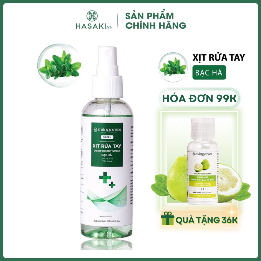 Xịt Rửa Tay Milaganics Bạc Hà Làm Sạch Da, Dưỡng Ẩm 100ml - Hasaki - Hàng Chính Hãng