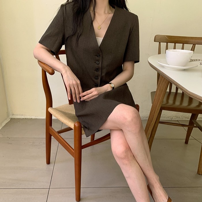 Áo khoác ngắn dáng rộng/ Chân váy eo cao đơn giản phong cách Hàn Quốc retro 43184