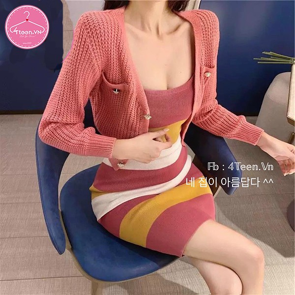 Set váy 2 dây body 7 sắc cầu vòng kết hợp áo khoác croptop cực xinh