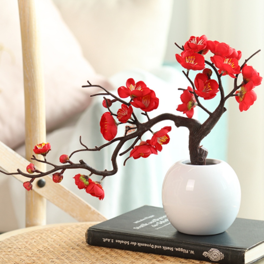 Nhành đào bonsai hoa vải trang trí